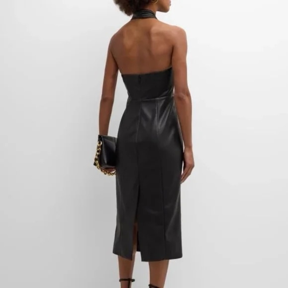 MILLY Women’s Raven Black Vegan Faux Leather Halter Neck Sz 6 Midi Dress BNWT - Picture 2 of 15